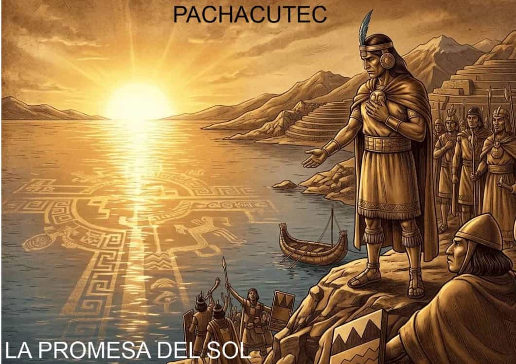 Inca Pachacutec junto a laguna Susurpuquio recibiendo la promesa del Sol de unir las naciones